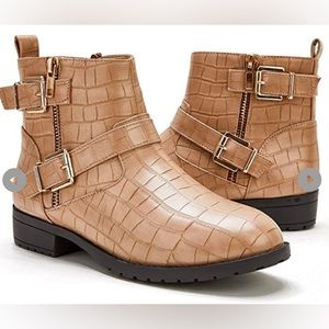 Women’s Tan Biker Buckle Ankle Booties, Double Strap Zipper, Sz 9